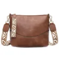 Brown PU leather bucket shoulder bag with patterned wide strap casual daily crossbody bag - Tan