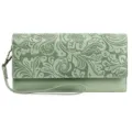 Women long tri-fold wallet green vintage embossed floral clutch purse with wrist strap - Embossed Light Green