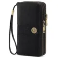 Black PU leather double zipper women's long wallet with wristlet and sunflower button. - Midnight Black