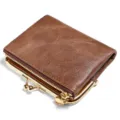 Brown leather short wallet for women, vintage kiss-lock coin purse and card holder. - Retro Brown