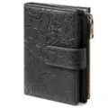 Black PU leather short trifold wallet with embossed floral pattern and zipper pocket. - Embossed Floral with Gift Box / Black