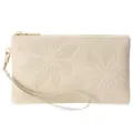 Beige embossed floral clutch wallet for women, stylish zipper wristlet purse with strap. - Off White
