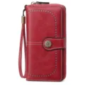 Red oil wax leather women long wallet vintage zip around purse with wristlet strap. - Burgundy