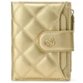 Gold quilted short wallet for women with flower snap closure, multi-card slots and zipper. - Champagne Gold