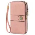 Pink PU leather long wallet for women, double zipper clutch with wrist strap and floral snap. - Light Pink