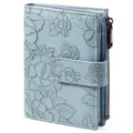 Light blue PU short trifold wallet with embossed floral pattern, snap and zipper closure. - Embossed Floral with Gift Box / Blue