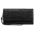 Black vintage embossed long trifold wallet for women with wrist strap and floral pattern. - Embossed Black