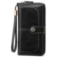 Black oil wax leather long wallet variant with vintage floral snap button and wrist strap. - Midnight Black