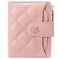 Pink quilted short wallet with card slots, snap flower button and zipper coin pocket design. - Light Pink
