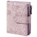 Lavender PU leather short tri-fold wallet with embossed floral pattern and zipper coin pocket. - Embossed Floral with Gift Box / Purple