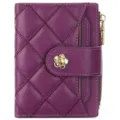 Purple short quilted wallet with flower snap button, compact card holder and zipper coin purse. - Deep purple