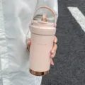 Pink insulated thermal coffee cup with handle and straw lid, portable stainless steel tumbler. - 500ml / Sakura Pink (Ceramic Coated Liner)