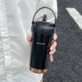 Portable stainless steel insulated coffee cup with handle and ceramic inner liner, black design. - 500ml / Twilight Black (Ceramic Coated Liner)