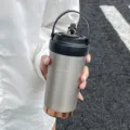 Stainless steel thermal coffee mug with handle and straw lid portable insulated tumbler - Aurora Silver (Ceramic Coated Liner)
