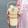 Μεγάλη χωρητικότητα 316 ανοξείδωτο θερμός μπουκάλι νερού με λουράκι και καλαμάκι - 635ml / Καφέ