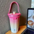 Gobelet en acier inoxydable dégradé rose avec paille et poignée pour bureau et voyage. - 600ml / Rose Pêche + Sangle