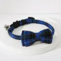 Blauwe geruite huisdierenhalsband met strik en bel, Britse stijl honden katten ketting - Blauw en Zwart Geruit