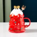 Weihnachtsbaum Keramik Tasse mit Deckel und Loffel susses Weihnachtsgeschenk Kaffeebecher - Rot