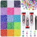 60-grid flatback resin rhinestone set with storage box, B-7000 glue, tweezers, and pickup pen. - 15 Grids 3MM Candy Rhinestones + 3 Glues