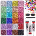 60-grid flatback resin nail rhinestones DIY craft set with glue, picker and tweezers. - 24 Grids Type D 3MM Candy Rhinestones + 3 Glues