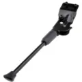 Detailed view of adjustable black bicycle kickstand, durable metal construction for bikes. - 3-Hole Iron Single Support