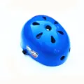 Kids safety helmet detail showing ventilation holes and cute panda sticker decoration design. - Blue