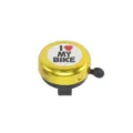 Close-up detail of the mini bicycle bell with golden aluminum cover and heart bike text. - Yellow