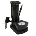 Portable single cylinder foot pump with pressure gauge and flexible hose, detail view. - Square Tag Style / Red