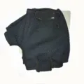 Detailed close-up view of black half-finger sports gloves with breathable knit fabric. - L / Black