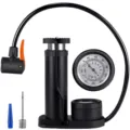 Portable mini foot pump with pressure gauge, ideal for bicycles, e-bikes and motorcycles. - Round Label Style / Red