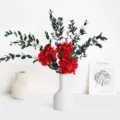 Preserved red hydrangea and eucalyptus flower bouquet in white ceramic vase for home decor. - Fine Leaf + 3 Red Hydrangeas / Red