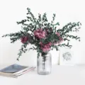 Preserved hydrangea and eucalyptus flower bouquet in glass vase for home table decor. - Fine Leaves + 6 Grape Purple Hydrangeas / Grape Purple