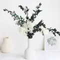Preserved hydrangea bouquet with eucalyptus leaves in white ceramic vase, elegant home decor. - Fine Leaf + 3 White Hydrangeas / White