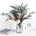 Preserved hydrangea and eucalyptus dried flower bouquet with glass vase for home decor - Fine Leaves + 6 Pink Hydrangeas / Pink