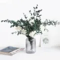 Preserved eucalyptus and white hydrangea dried flower bouquet with ribbed glass vase for home decor - Fine Leaves + 6 White Hydrangeas / White