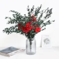 Preserved eucalyptus and red hydrangea dried flower bouquet in ribbed glass vase for home decor. - Fine Leaves + 6 Red Hydrangeas / Red