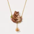 Detailed close-up shot of the cute brown bear mother and baby enamel pendant necklace. - Mother-Child Bear Necklace