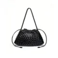 Black woven leather shoulder bag detail, elegant braided strap and drawstring closure design. - Black