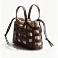 Brown leather caged tote bag with canvas drawstring inner pouch, stylish large capacity. - Brown / 0.6