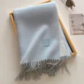 Light blue wool blend fringe scarf variant, winter warm solid color design for daily wear. - 190x65cm / Aqua