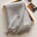 Cozy beige wool blend winter scarf with fringes, warm thick solid color casual neck wrap. - 190x65cm / Light Gray