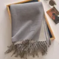 Cozy wool blend reversible tassel scarf in grey and beige, elegant winter warm neck wrap. - 190x65cm / Medium Grey
