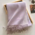 Cozy winter wool blend solid color fringe scarf, wide Korean style warm lavender neckerchief. - 190x65cm / Taro Purple