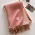 Cozy thick pink wool blend winter scarf with elegant fringe and chic square label design. - 190x65cm / Sweet Pink