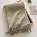 Sage green wool blend winter scarf with classic fringe hem, cozy thick solid color design. - 190x65cm / Bean Green