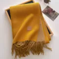 Winter wool blend tassel scarf, thick warm yellow and khaki color block design for daily wear. - 190x65cm / Turmeric