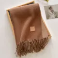 Winter solid color wool blend scarf in brown, thick warm fringed design for cold weather. - 190x65cm / Mocha