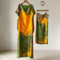 Details of the Chinese style peacock print long robe and matching silk scarf for summer vacation. - Set / Robe 140x85cm Headscarf 170x42cm / Yellow-Green