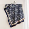 Elegant geometric jacquard shawl with cozy fringe, perfect for autumn and winter warmth. - 180x65cm / Blue