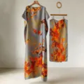 Femme été imprimé floral robe longue sans manches et foulard ensemble deux pièces - Ensemble / Robe 140*85cm Foulard 170*42cm / Gris